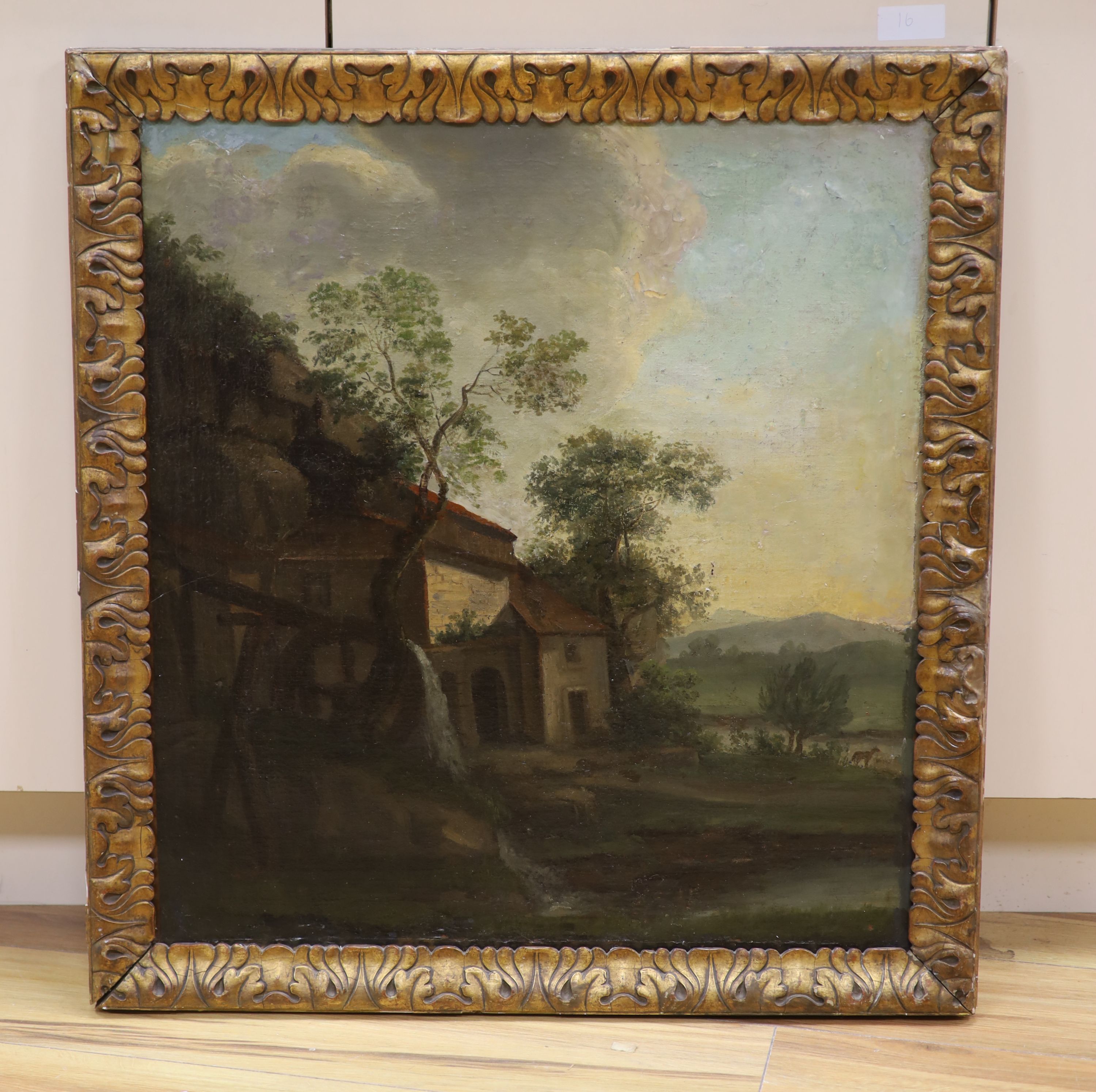 Continental school, study of a hillside watermill with distant hills, oil on canvas, 65 x 60 cm, in a foliage gilt gesso frame